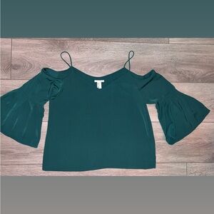 HM Size 8 Cold Shoulder Emerald Green Blouse Flared Sleeves Dressy